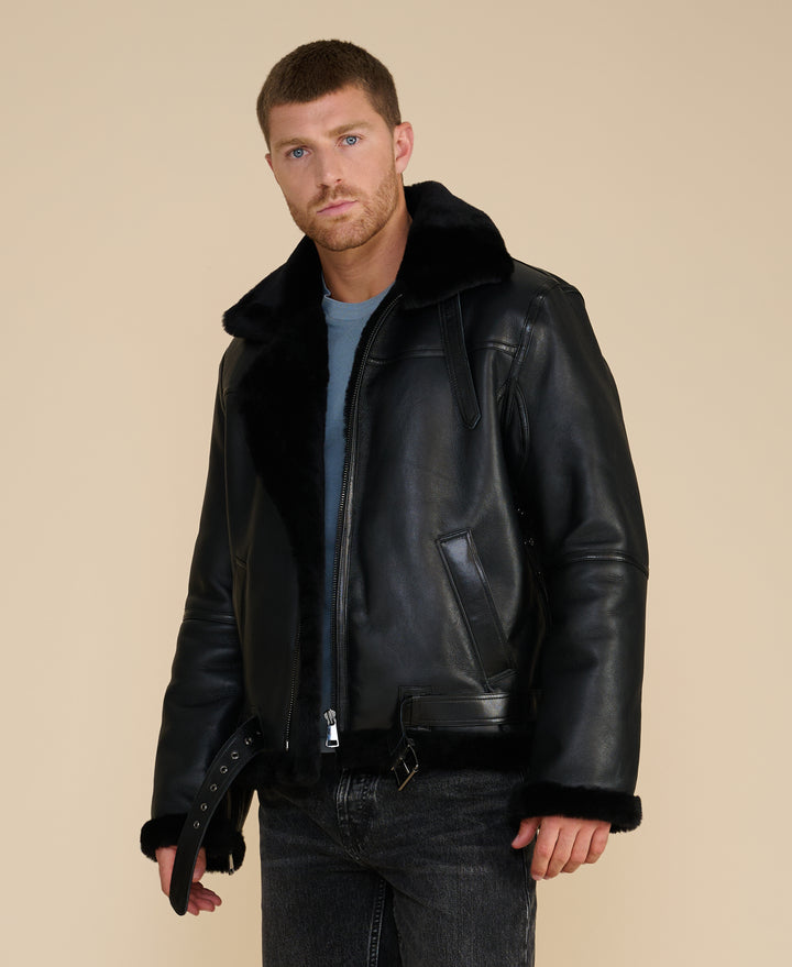 Callahan men's black leather shearling aviator jacket with black shearling lining