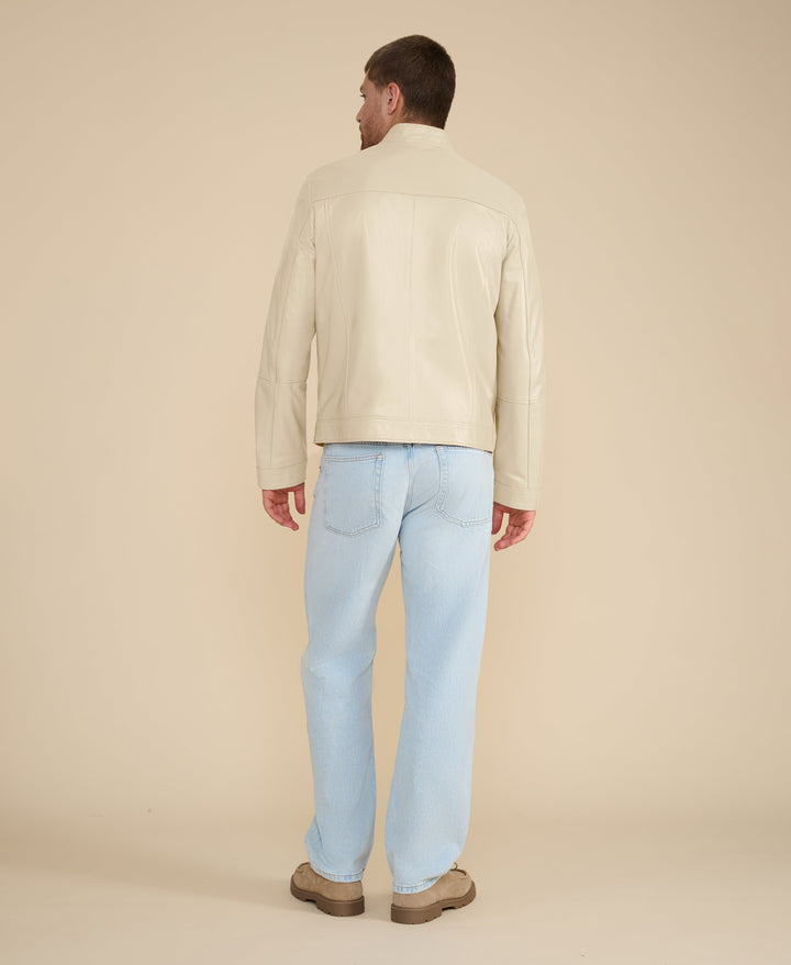 Back view beige leather racer jacket