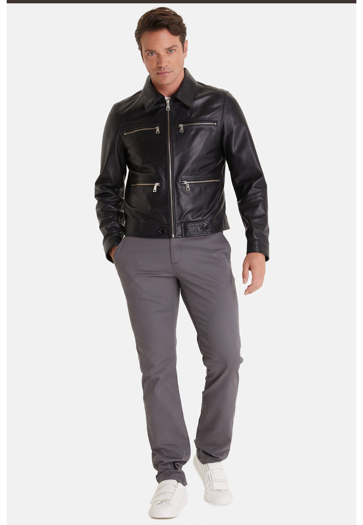 Man wearing black leather jacket