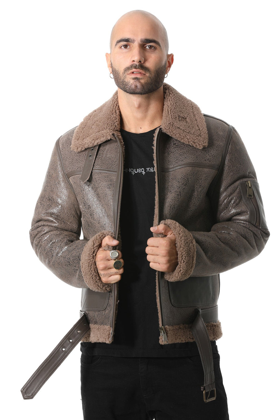 Brown sheepskin pilot jacket on model
