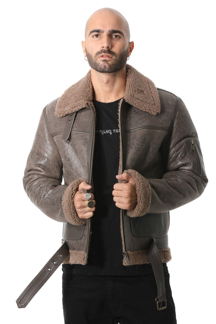 Brown sheepskin pilot jacket on model