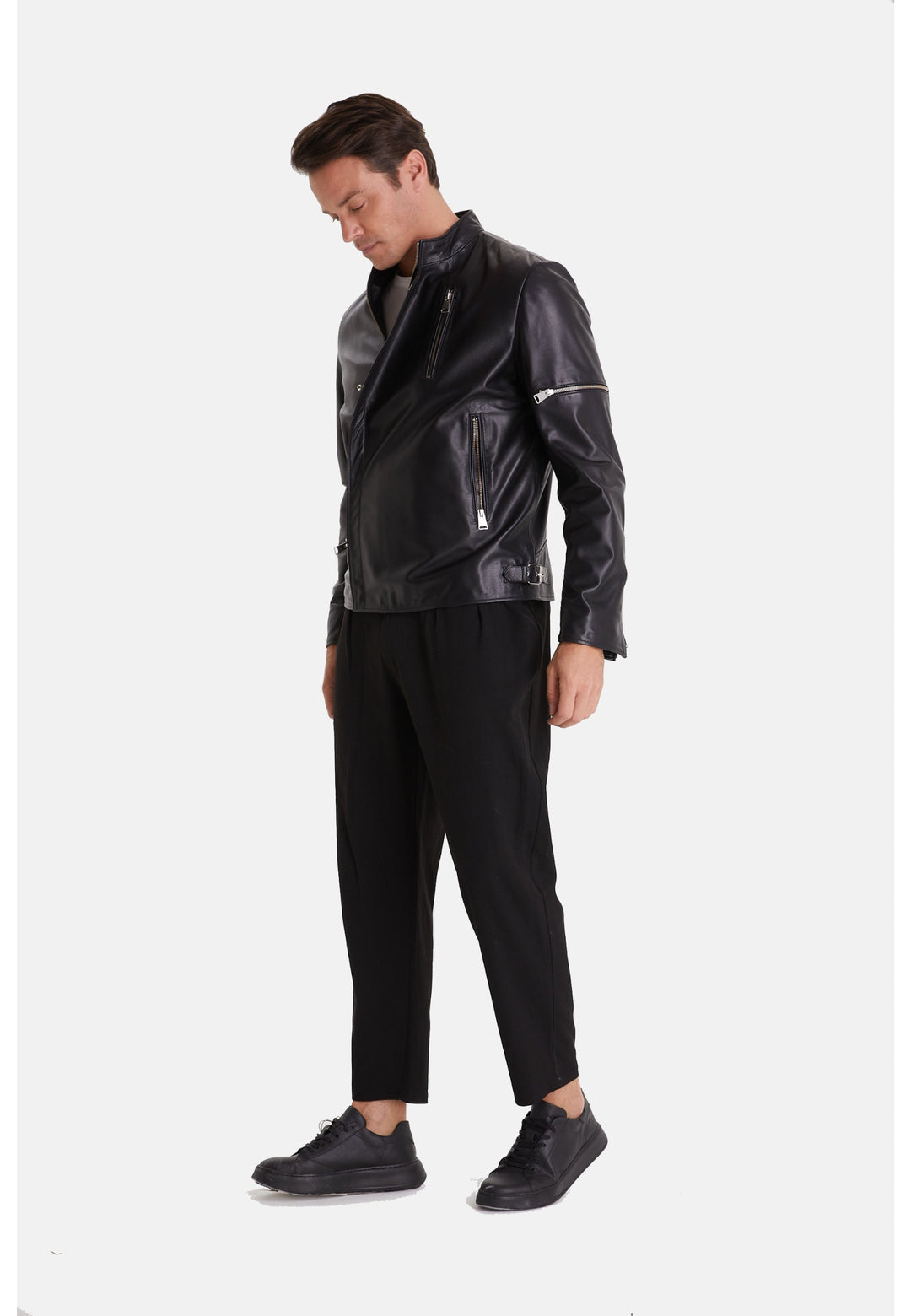 Male model wearing black leather jacket