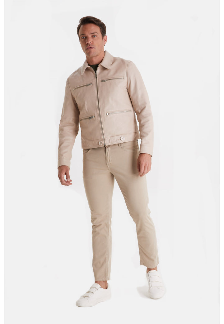 Beige men's leather jacket on model