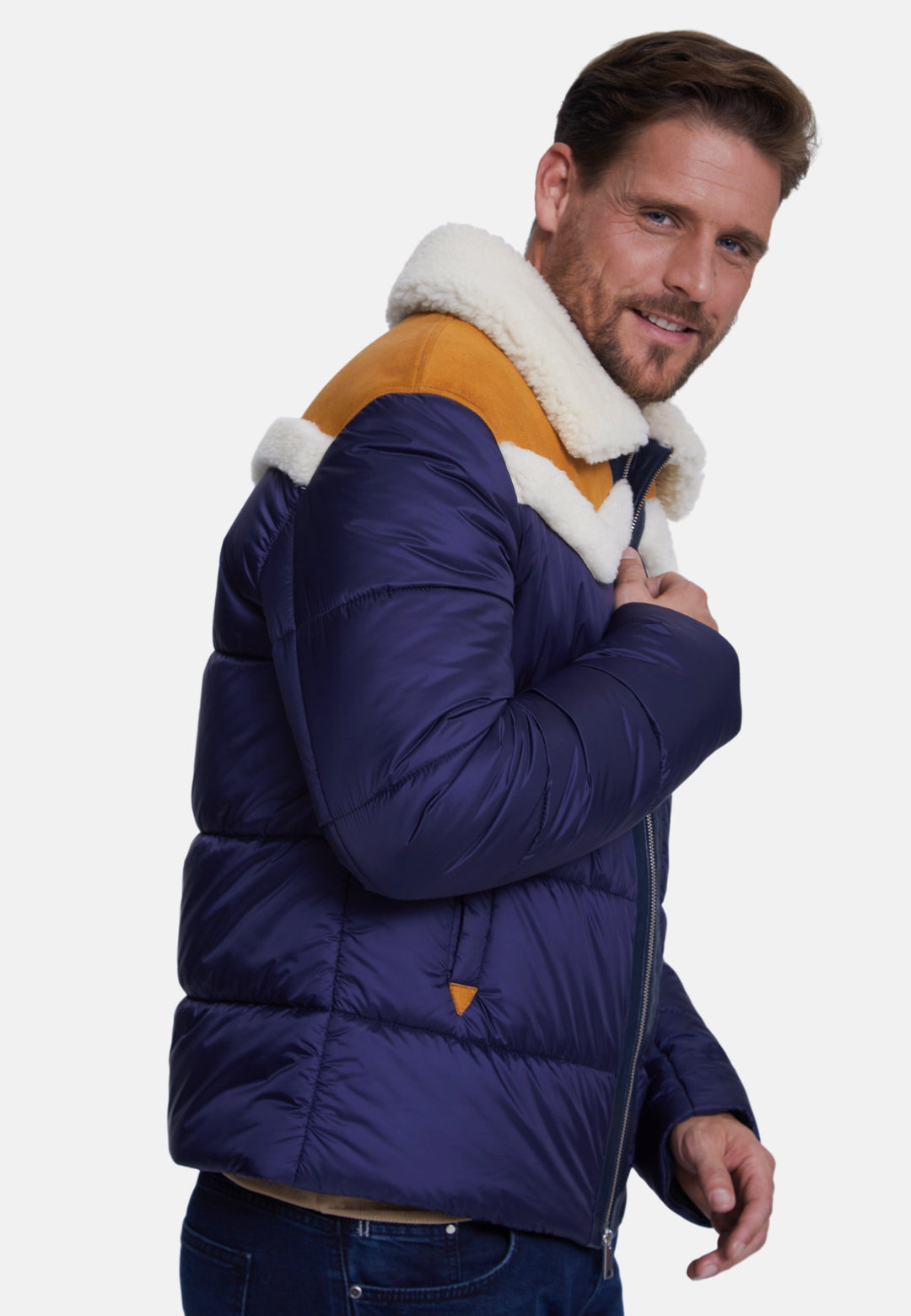 Navy puffer coat with shearling collar