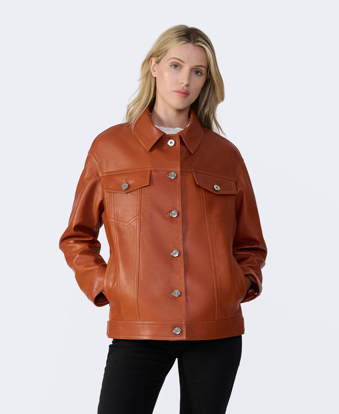 Cognac leather shirt jacket on model