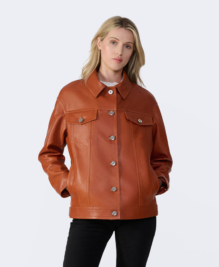 Cognac leather shirt jacket on model