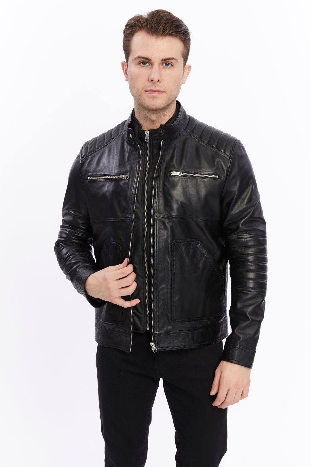 Man wearing black leather jacket
