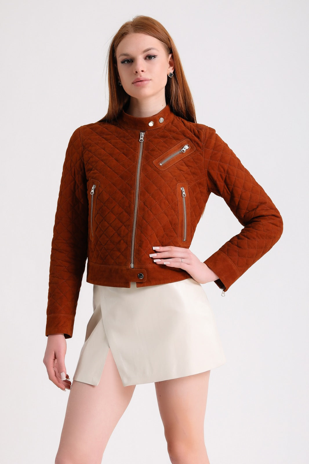 Rust quilted suede women's jacket