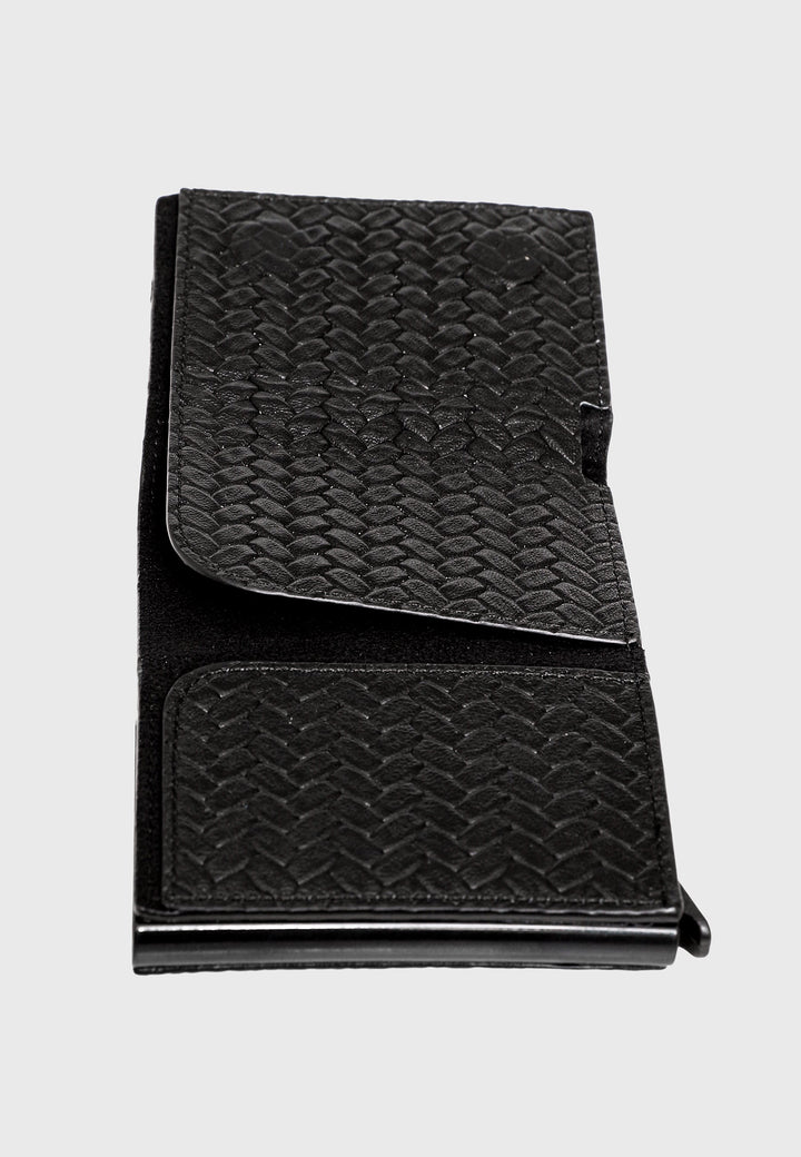Black woven leather trifold card holder