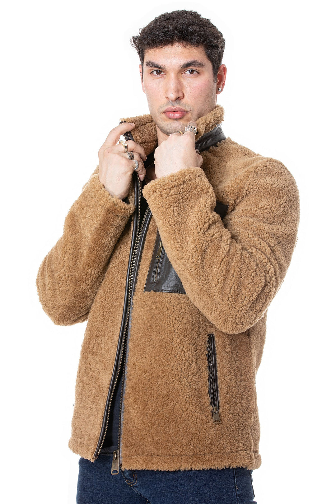 Camel teddy sheepskin zip jacket