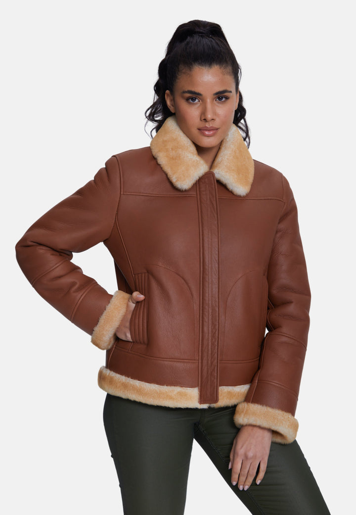 Brown sheepskin jacket with fur trim