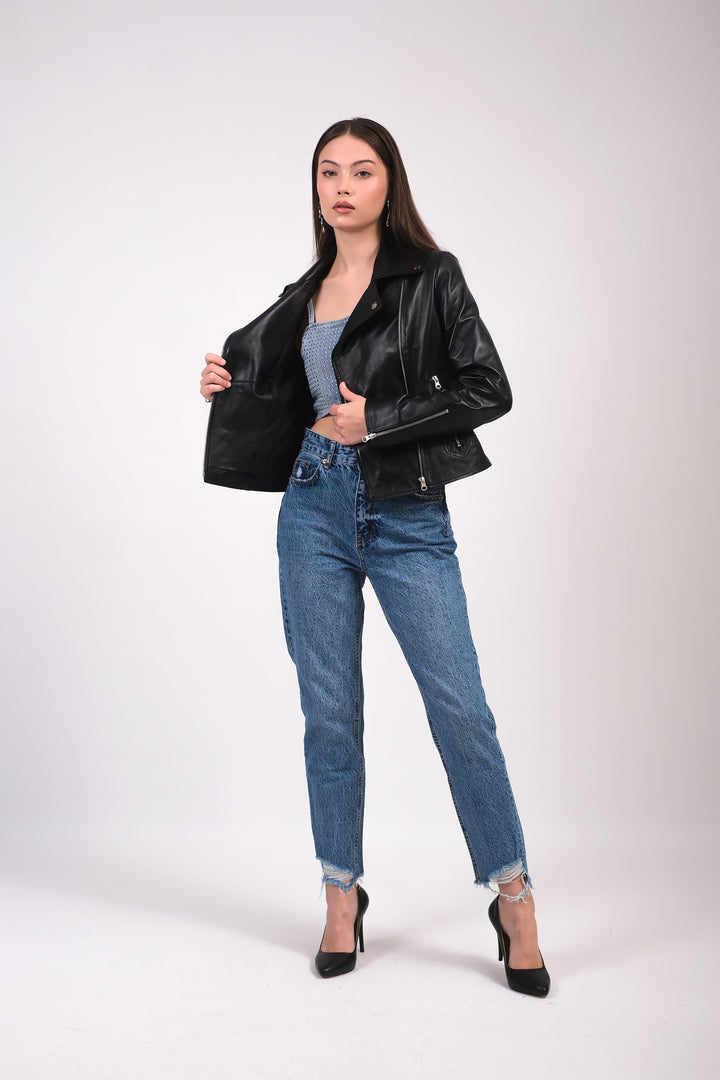 Charlotte black leather biker jacket styled with blue jeans