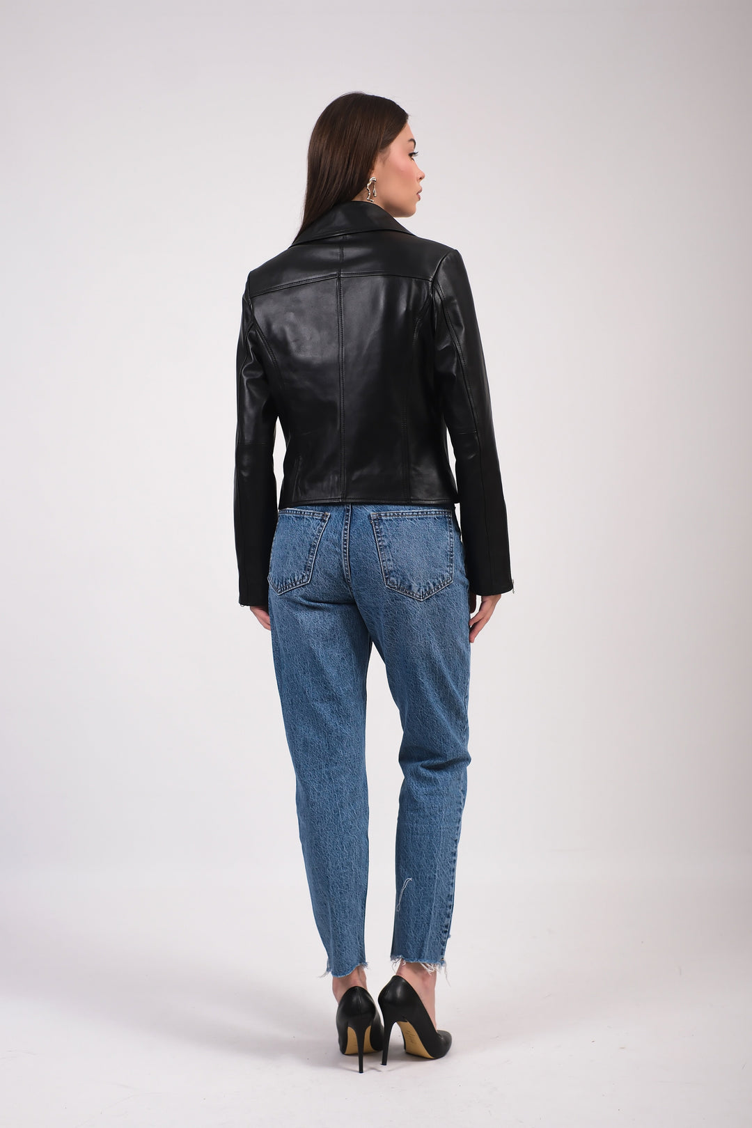 Charlotte women's black leather biker jacket by FURNIQ UK, back view
