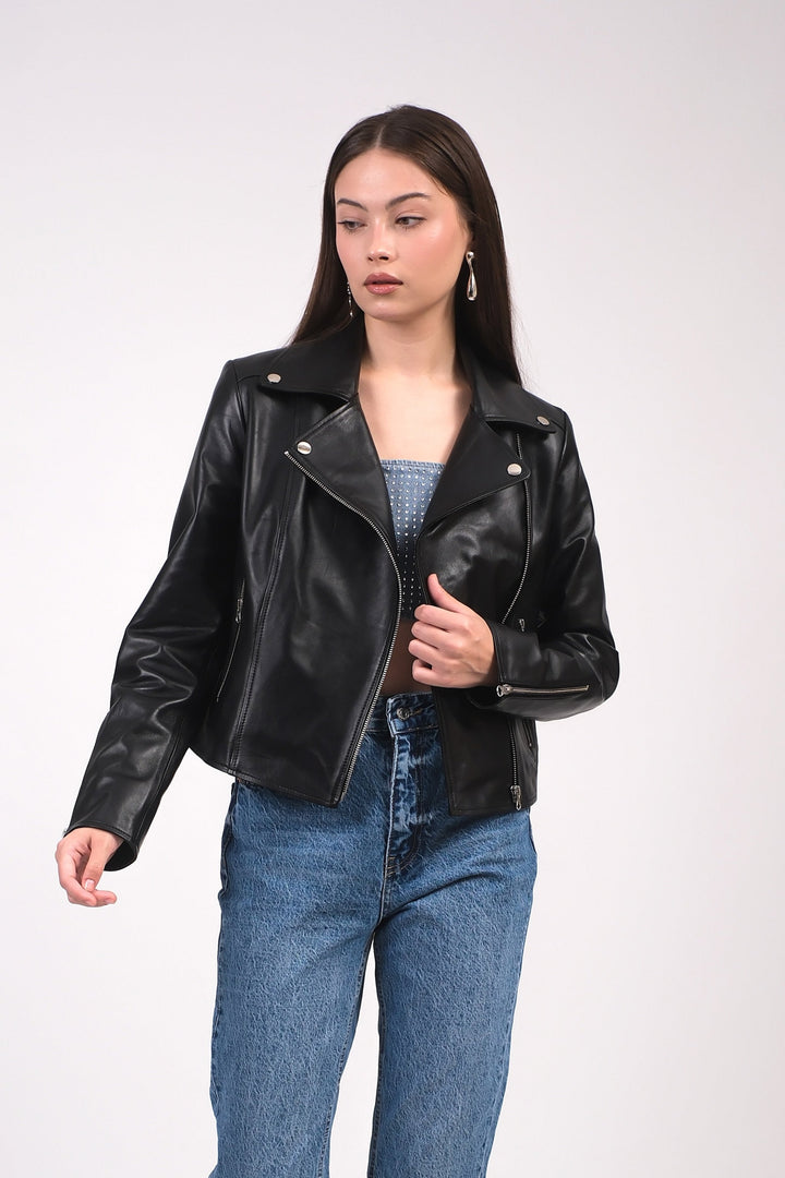 Charlotte women's leather moto jacket in black with silver hardware