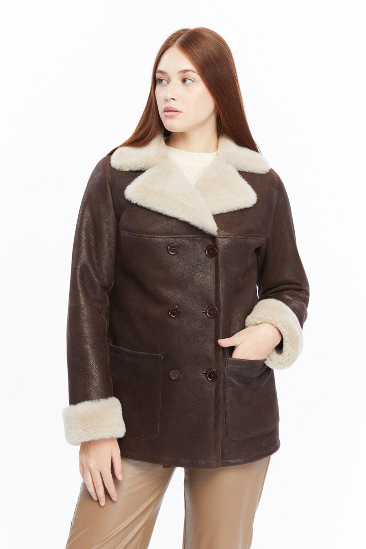 Chelsea luxury brown shearling winter coat with cream collar, cuffs and double-breasted closure