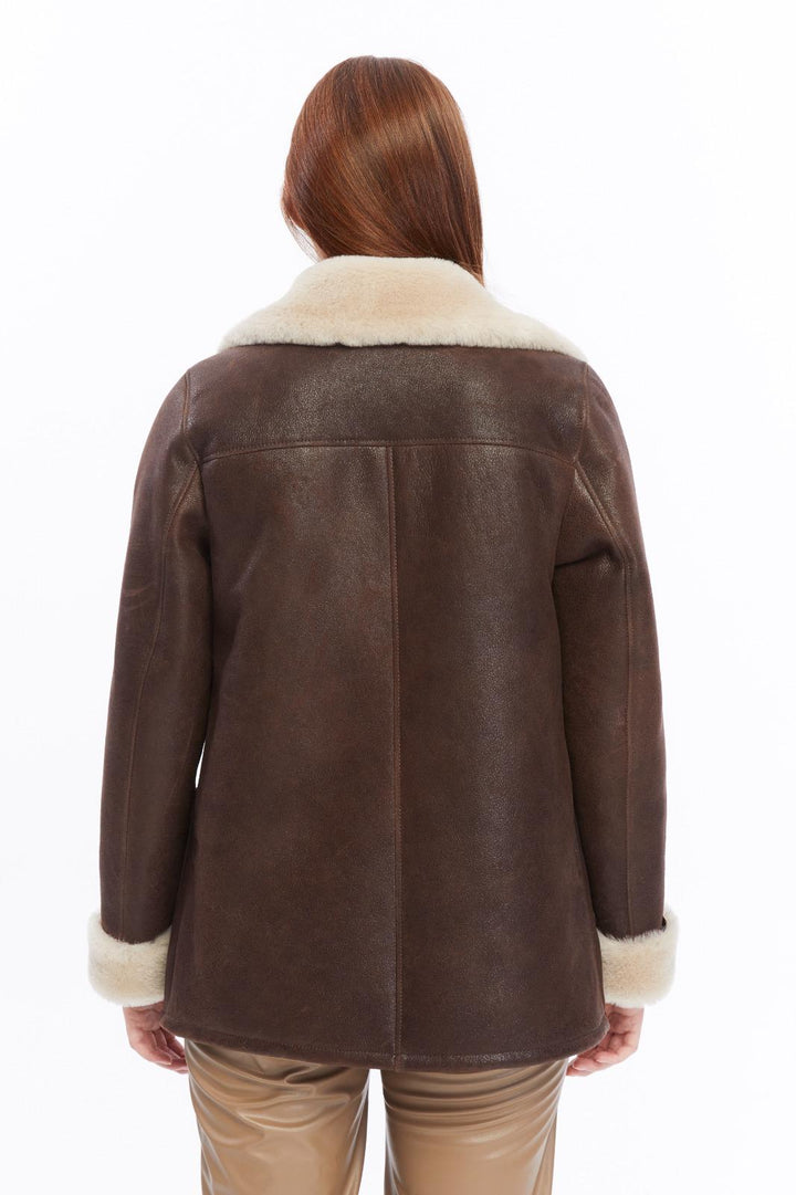 Back view of the Chelsea vintage brown shearling peacoat with cream shearling collar