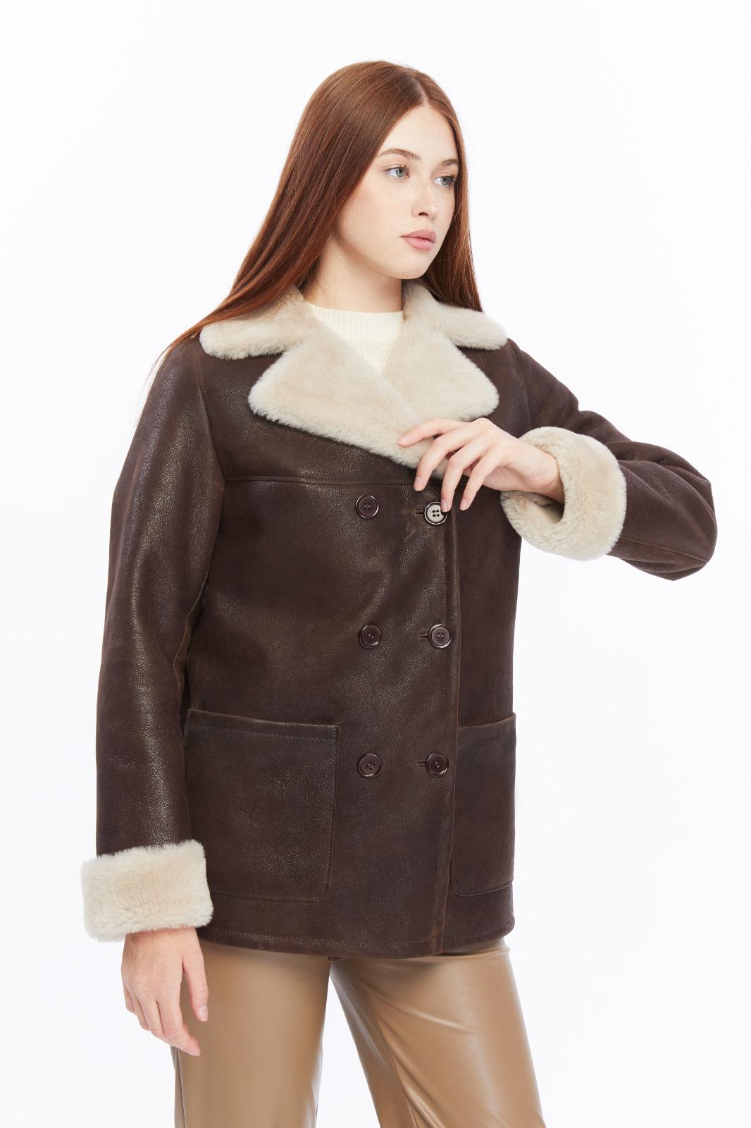 Chelsea brown shearling peacoat with cream collar, turned cuffs and oversized patch pockets