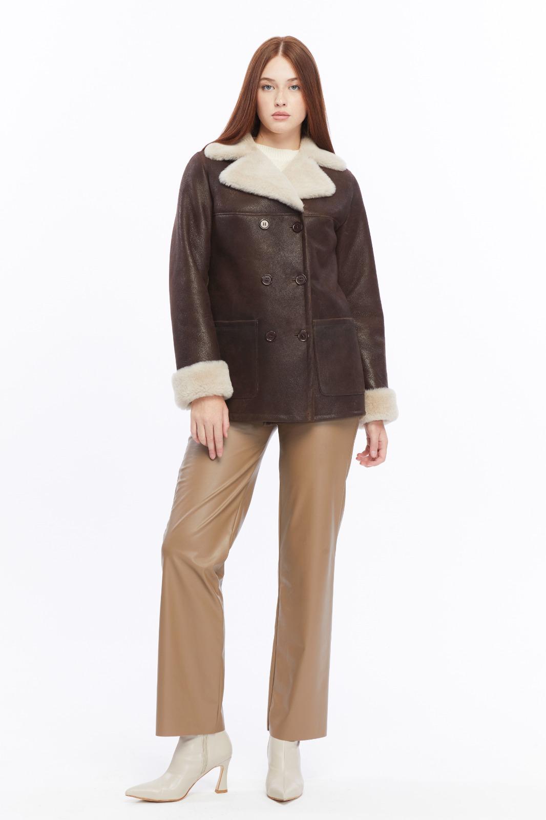 Chelsea vintage brown shearling peacoat with double-breasted buttons and patch pockets, front view