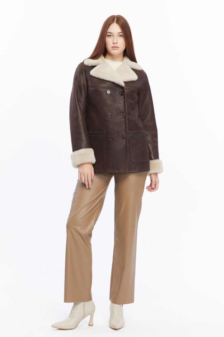 Chelsea vintage brown shearling peacoat with double-breasted buttons and patch pockets, front view