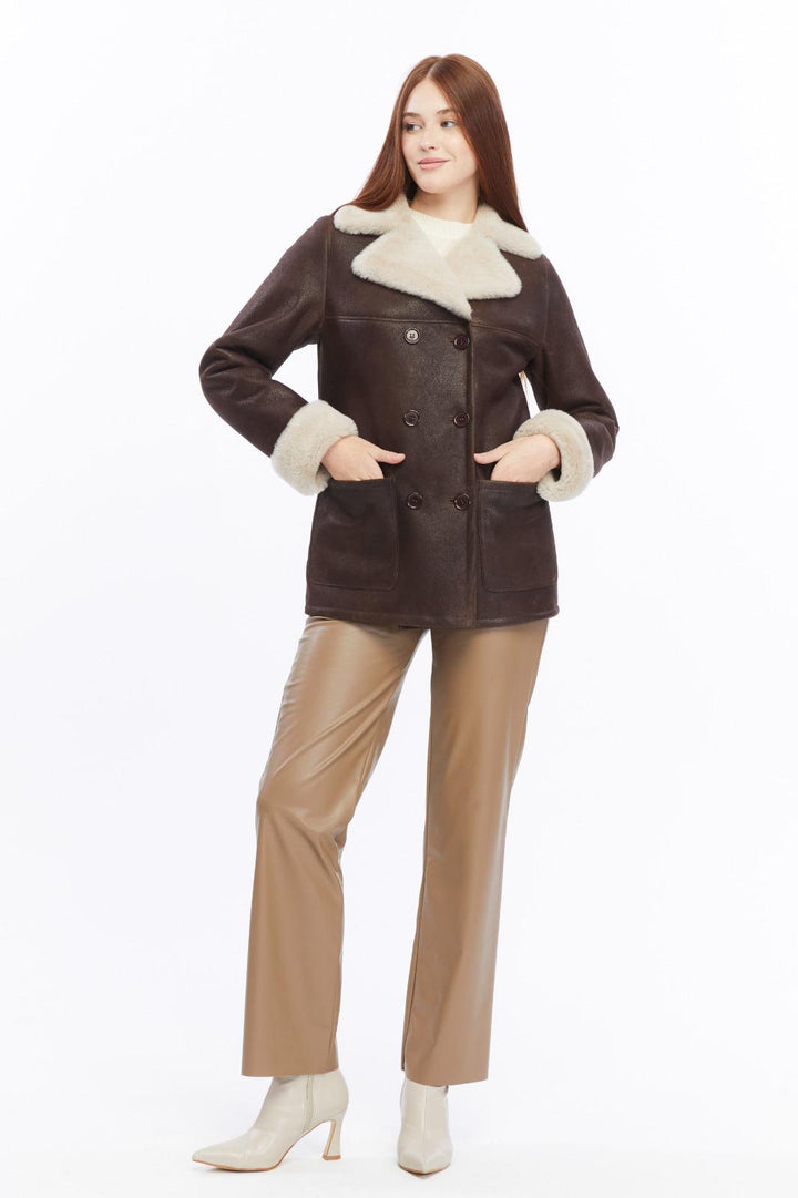 Chelsea vintage brown shearling peacoat with cream shearling collar and cuffs, full-length front view