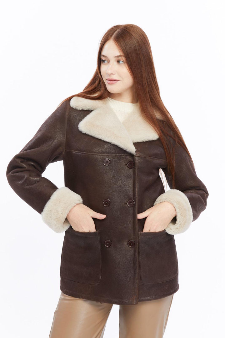 Chelsea vintage brown shearling peacoat showing double-breasted front and patch pockets