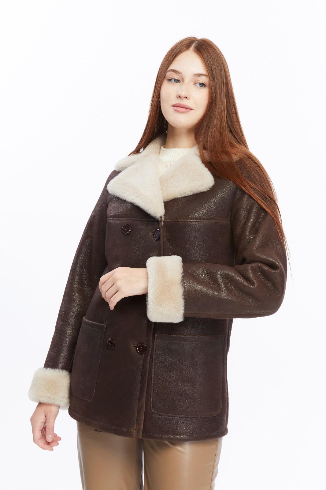 Three-quarter view of the Chelsea vintage brown and cream shearling peacoat