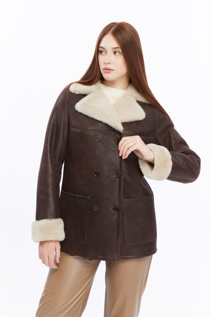 Women’s Chelsea vintage brown shearling peacoat with cream lapels and turn-back cuffs