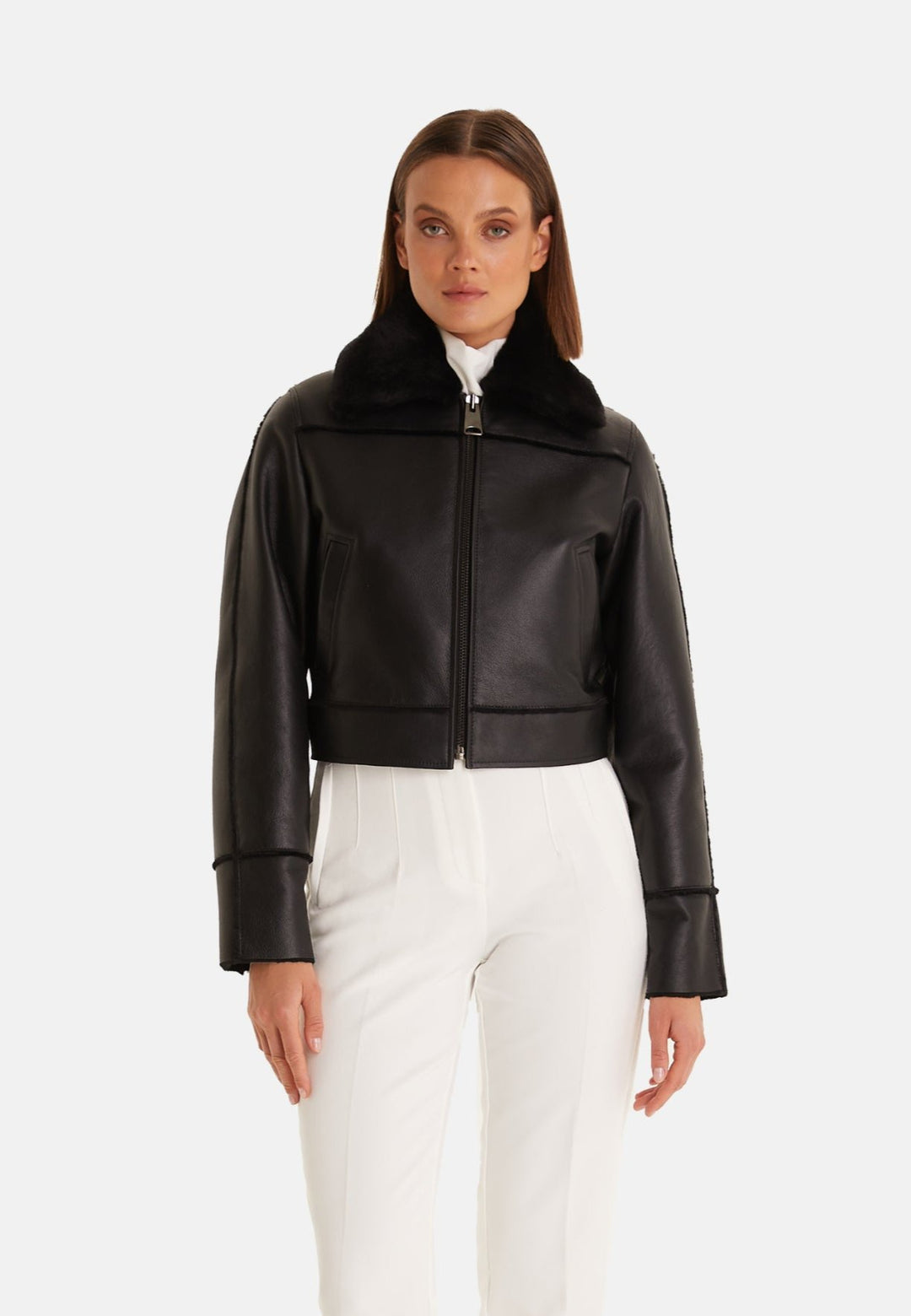 Clara black leather jacket with black straight shearling collar by FURNIQ UK