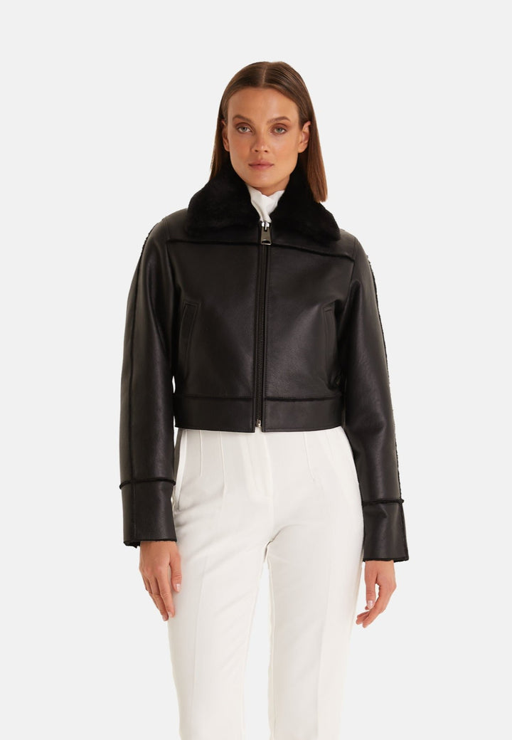 Clara black leather jacket with black straight shearling collar by FURNIQ UK