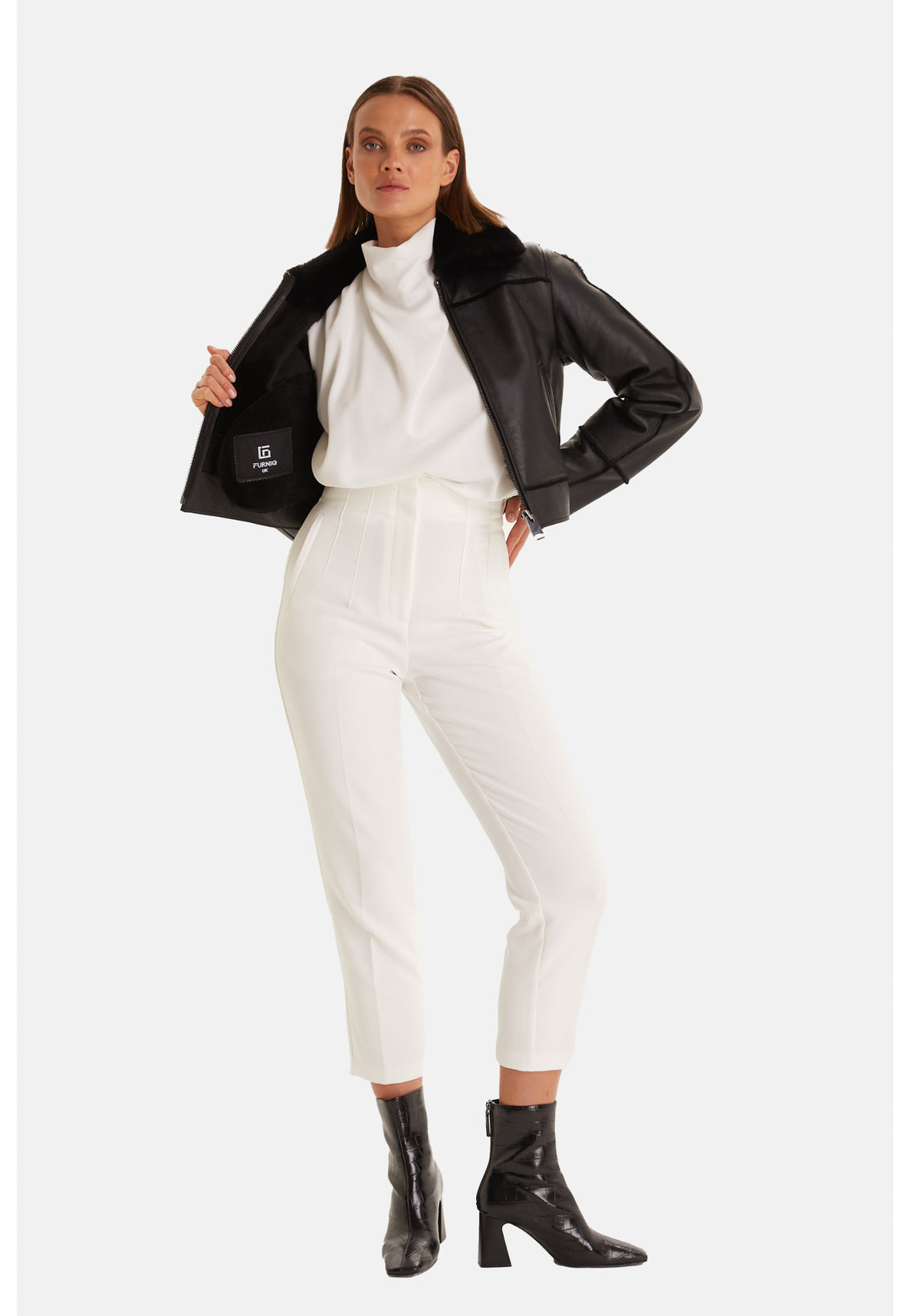 Clara black shearling jacket open to show the shearling interior