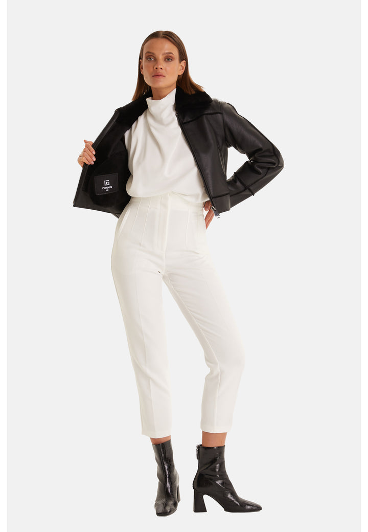 Clara black shearling jacket open to show the shearling interior