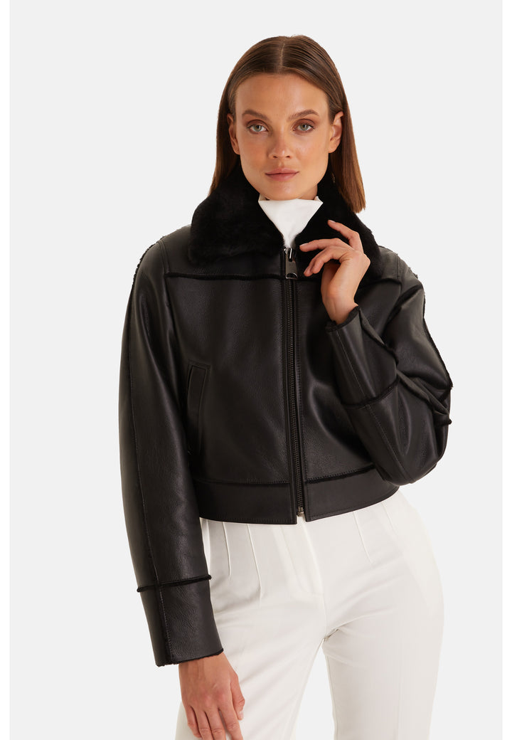 Clara leather jacket featuring a plush black straight shearling collar