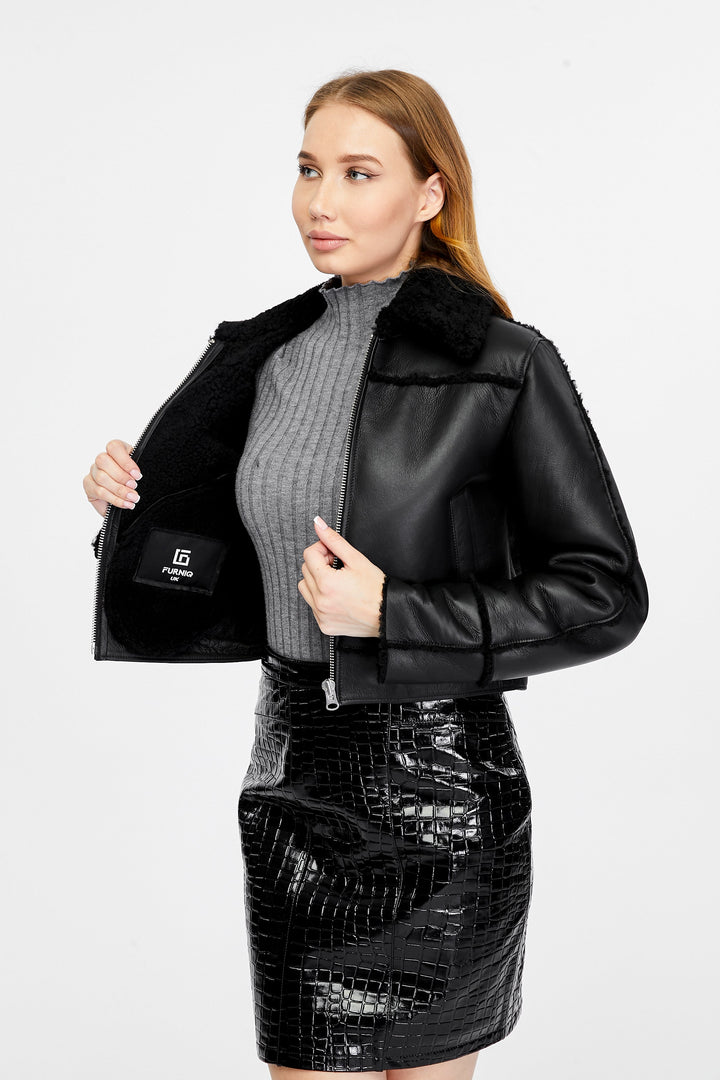 Clara cropped black leather jacket with black curly shearling detailing