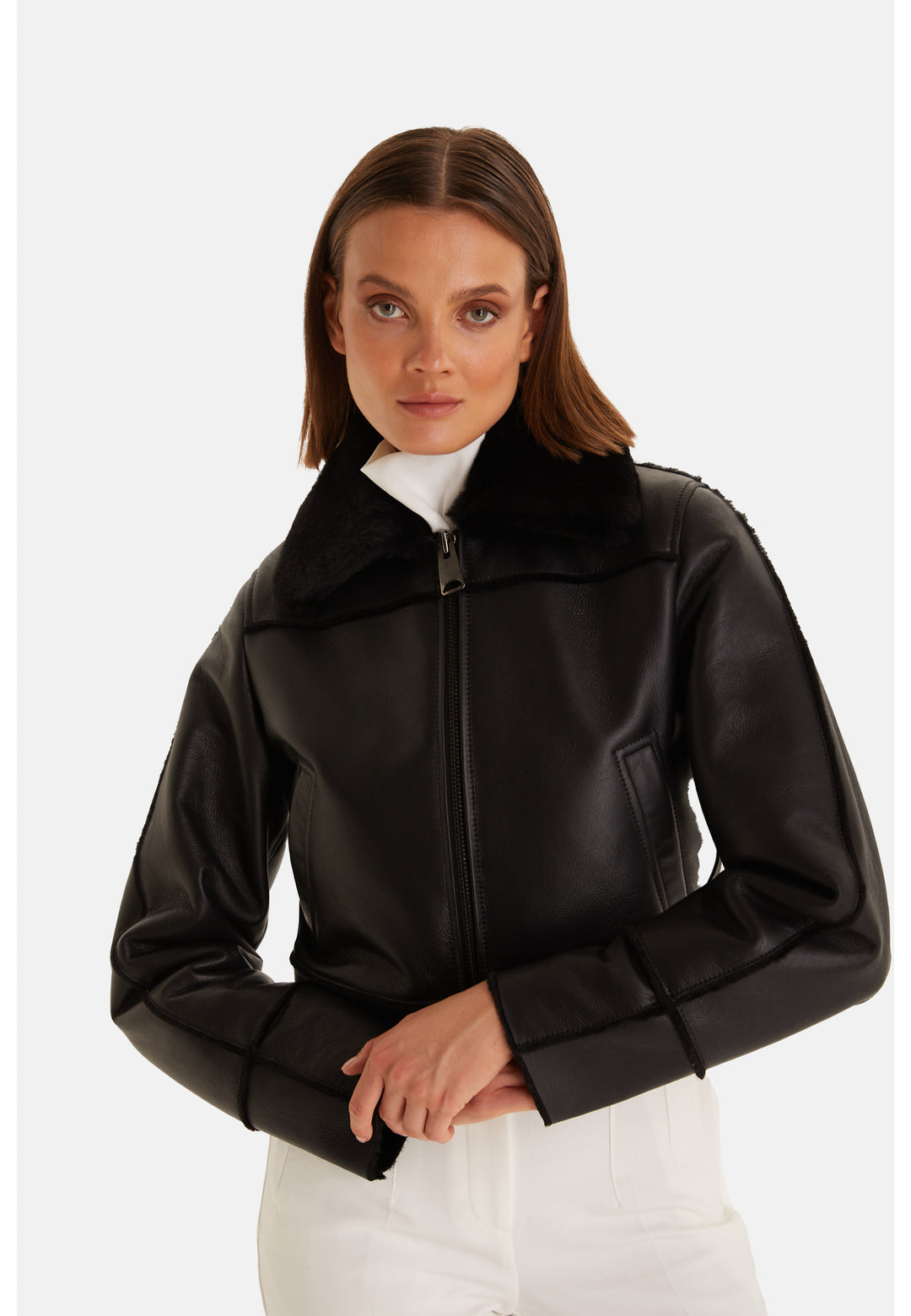 Luxury Clara black leather jacket with black straight shearling