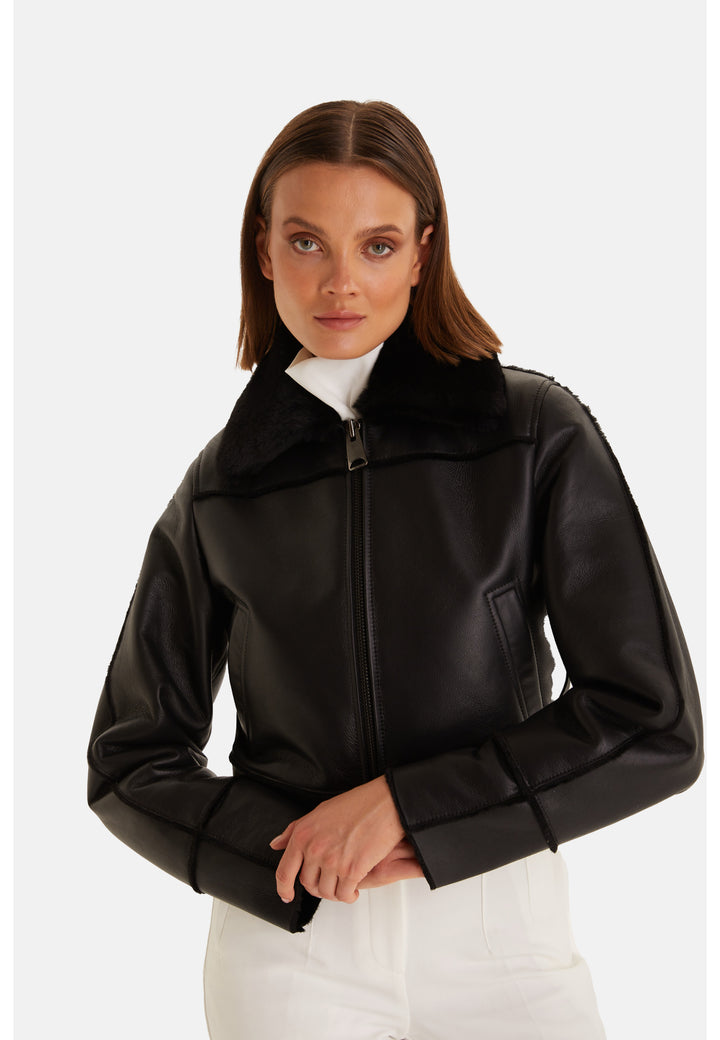 Luxury Clara black leather jacket with black straight shearling