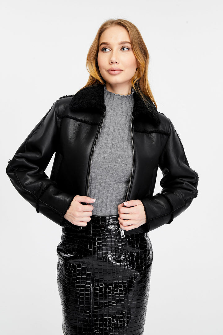 Women's Clara black leather jacket with plush black curly shearling collar