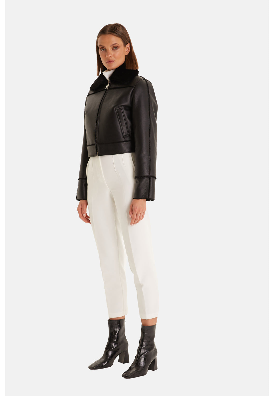 Women's Clara black shearling jacket with cropped leather silhouette