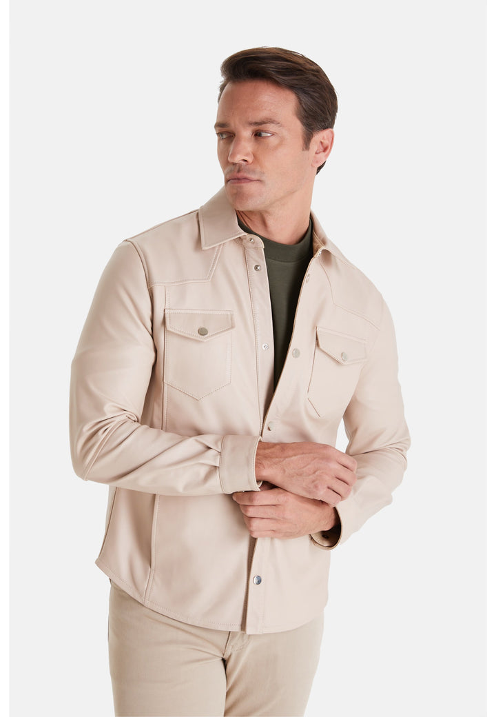 Man wearing beige leather shirt-jacket
