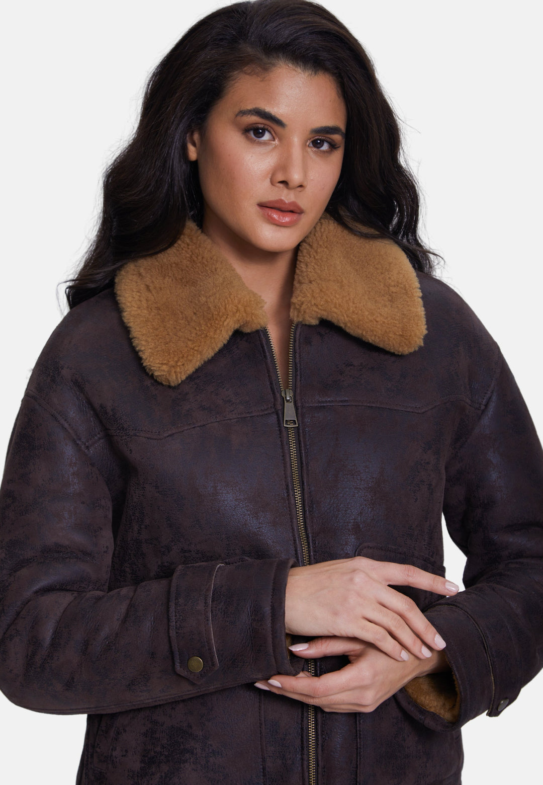 Brown sheepskin jacket with tan collar