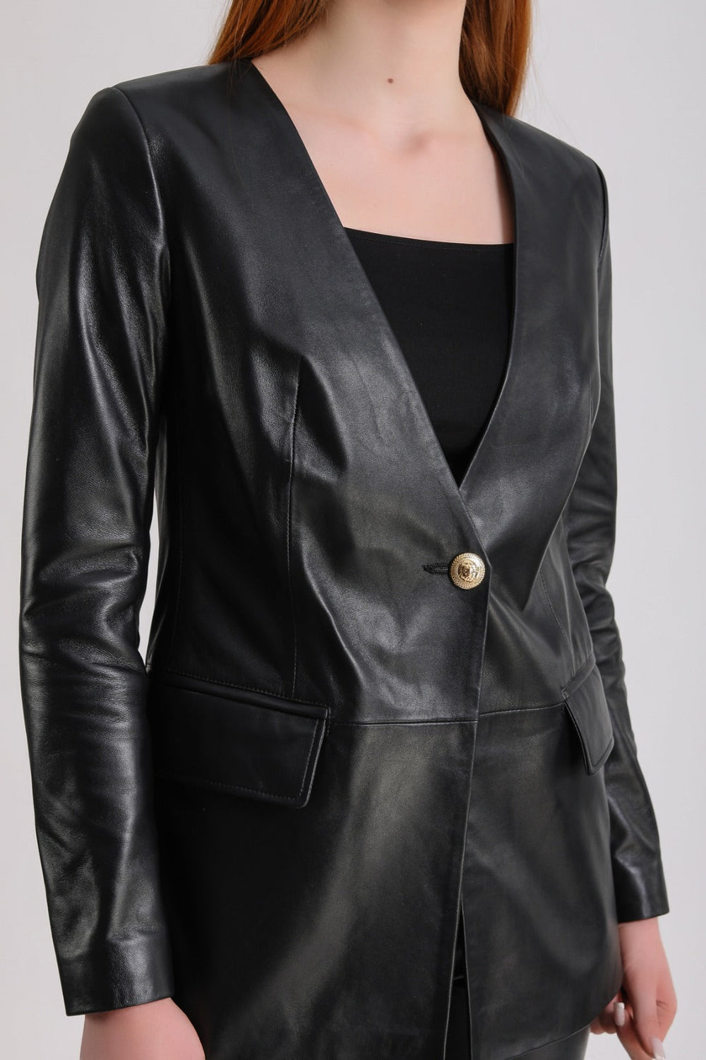 Black leather single-button blazer jacket