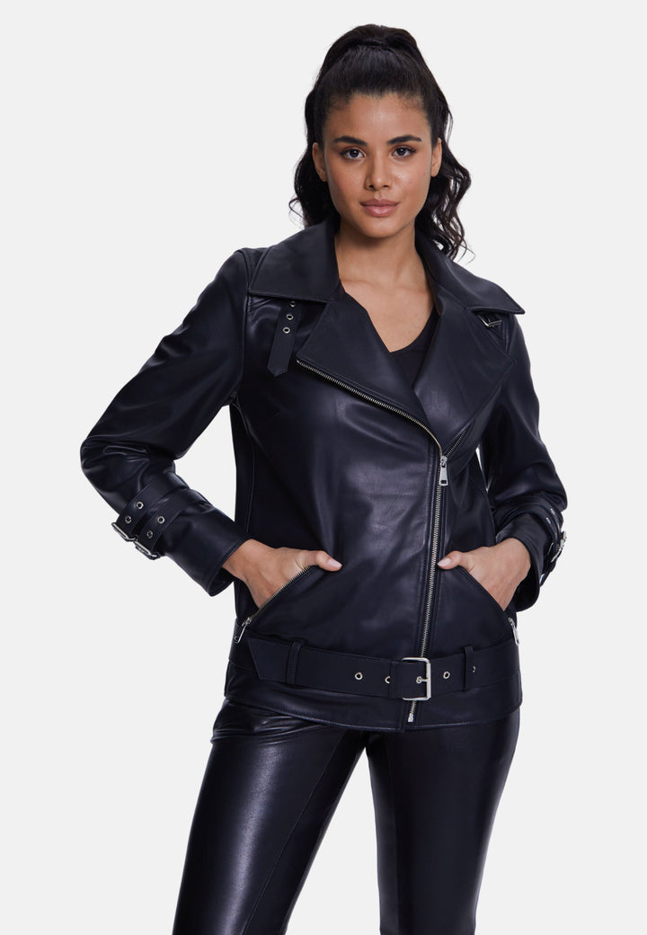 Woman wearing black leather biker jacket