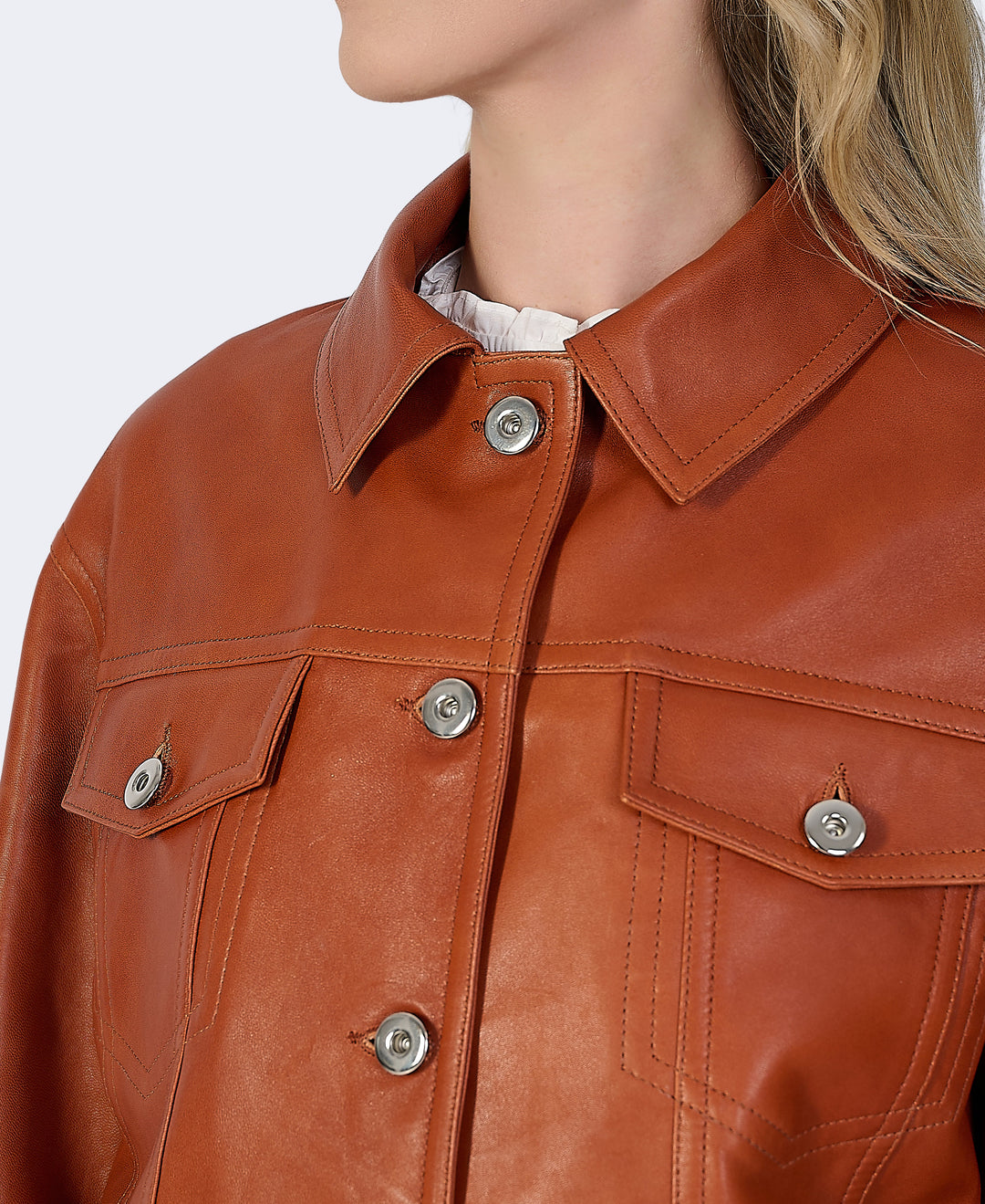 Brown leather shirt jacket close-up