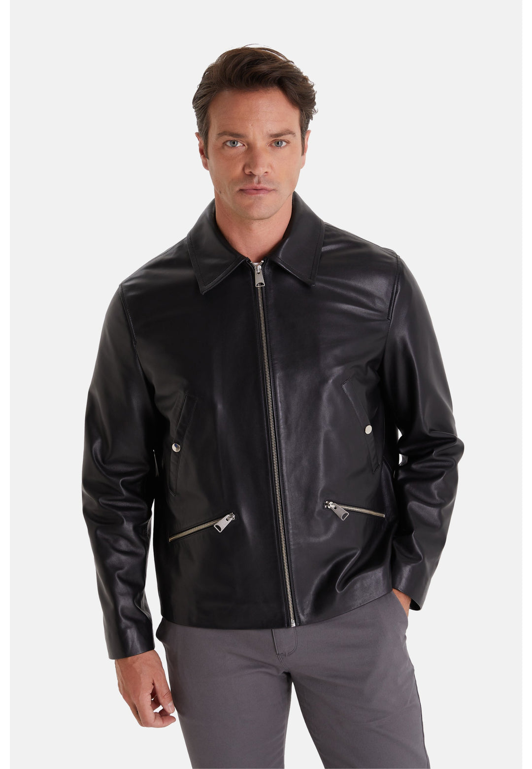 Male model wearing black leather jacket