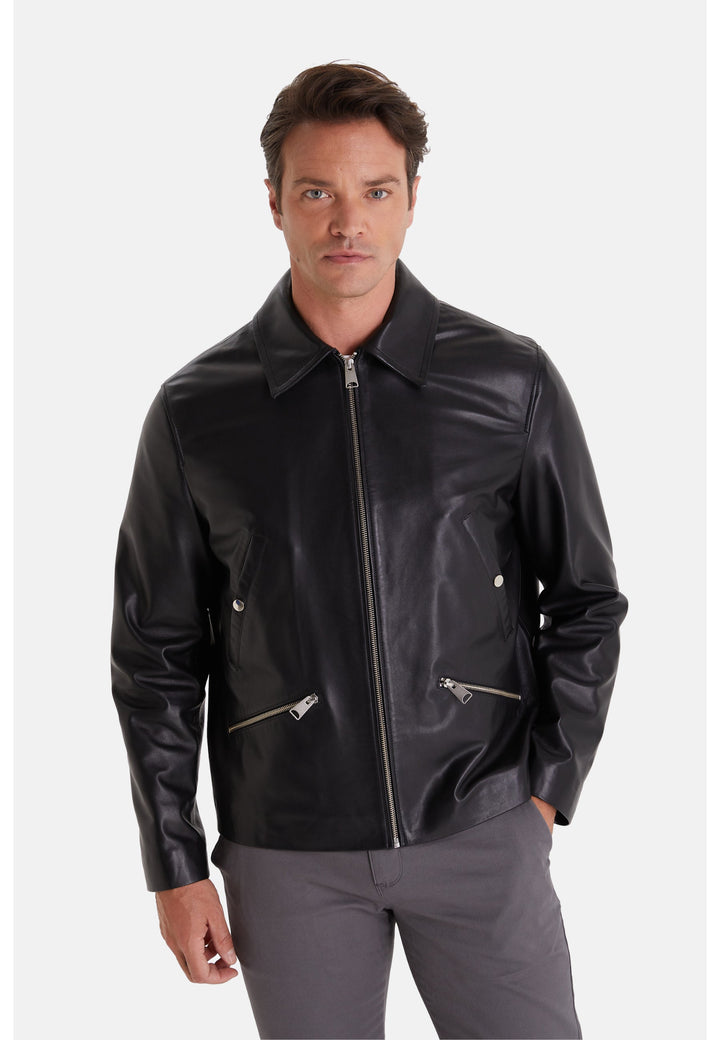 Male model wearing black leather jacket