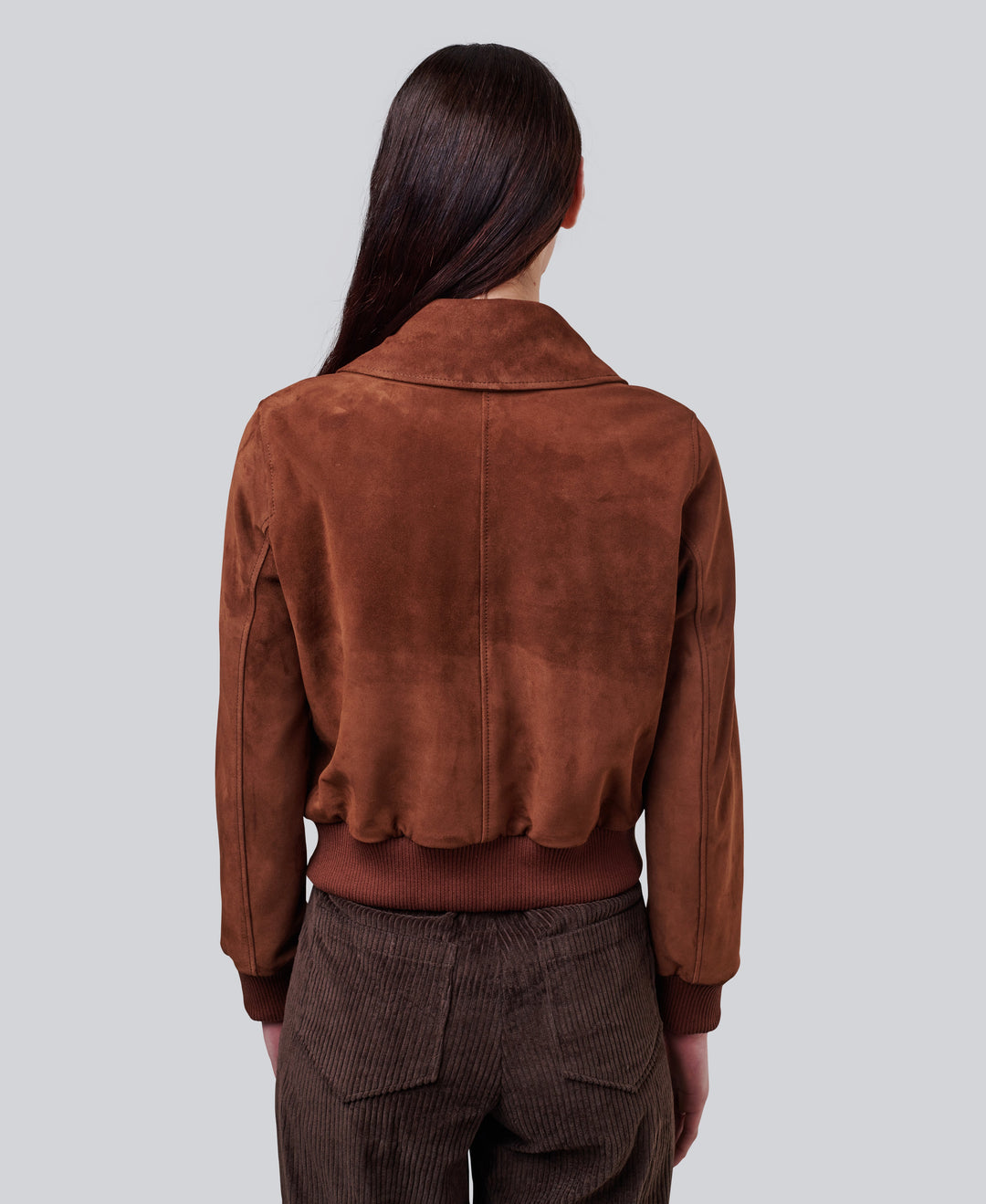 Brown suede bomber jacket - back view