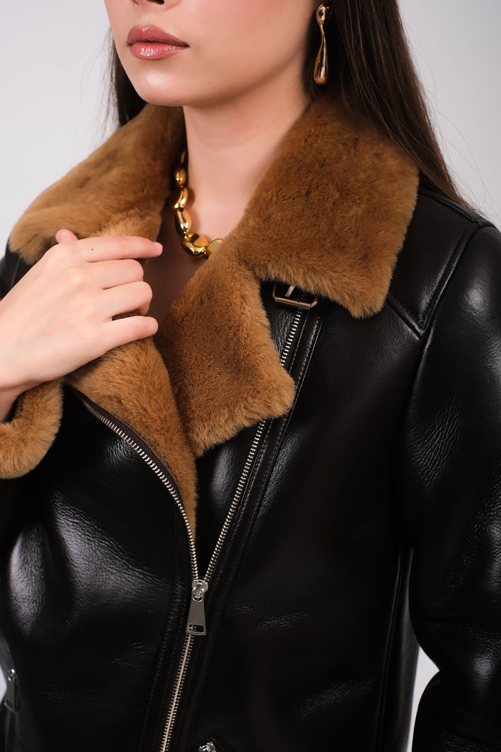 Black shearling jacket with brown collar