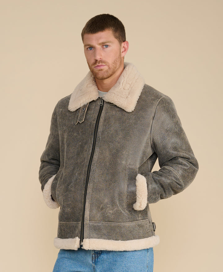 Men's grey shearling aviator jacket