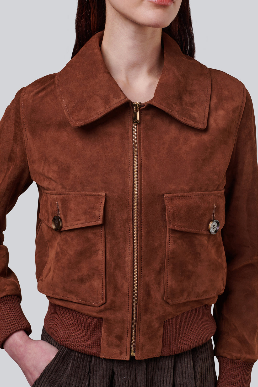 Brown suede cropped zip jacket