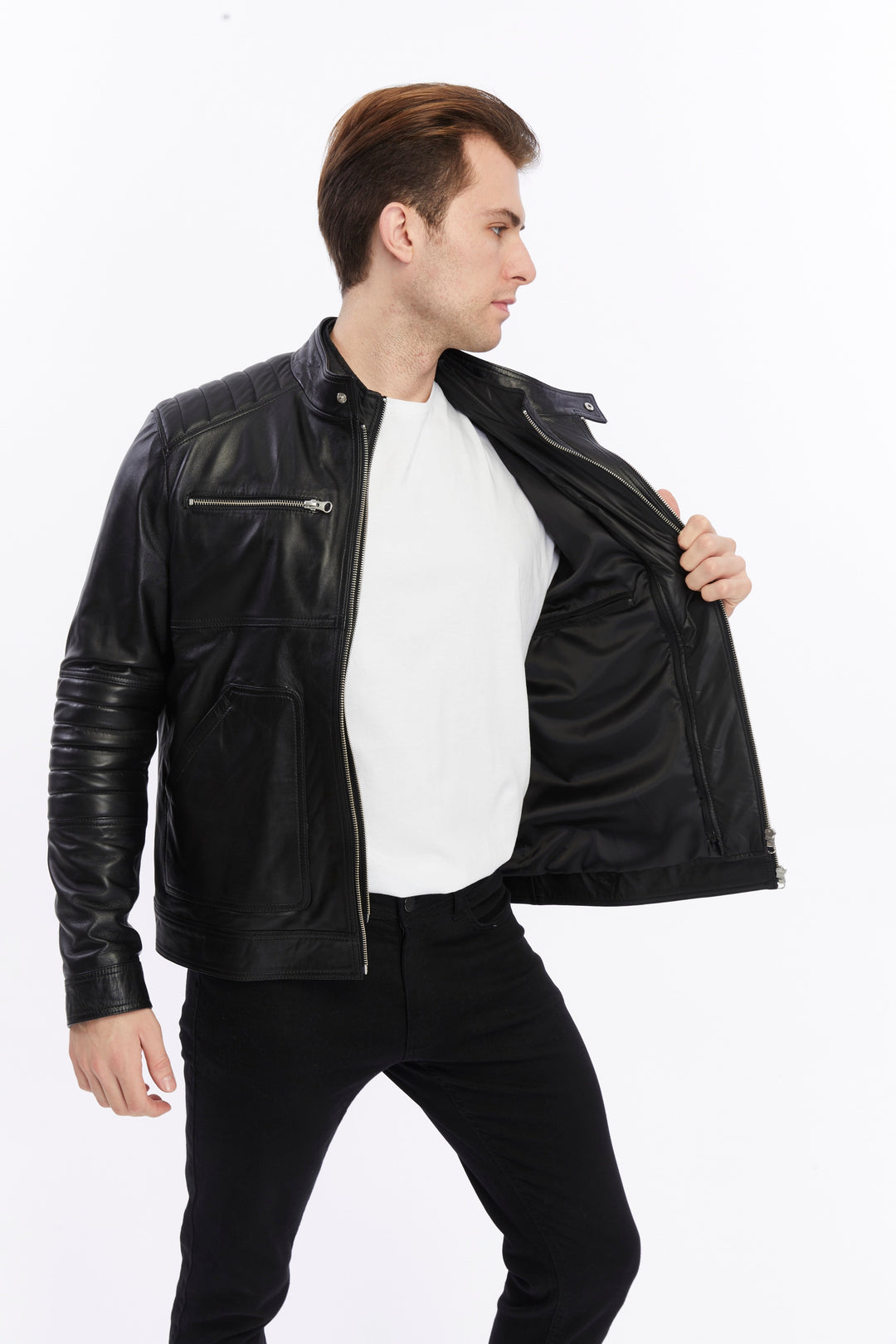 Man wearing black leather jacket open