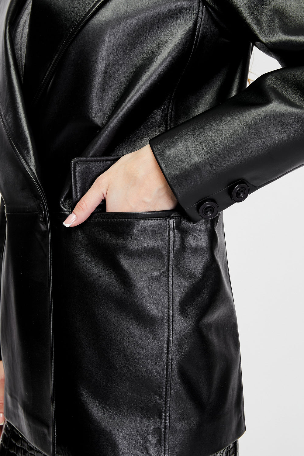 Black leather jacket close-up